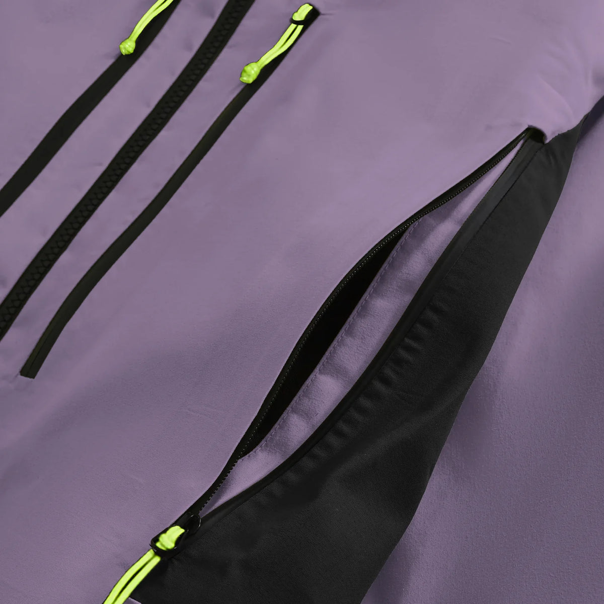 Close-up of purple waterproof jacket with two neon-trim zippers and black ventilation panels