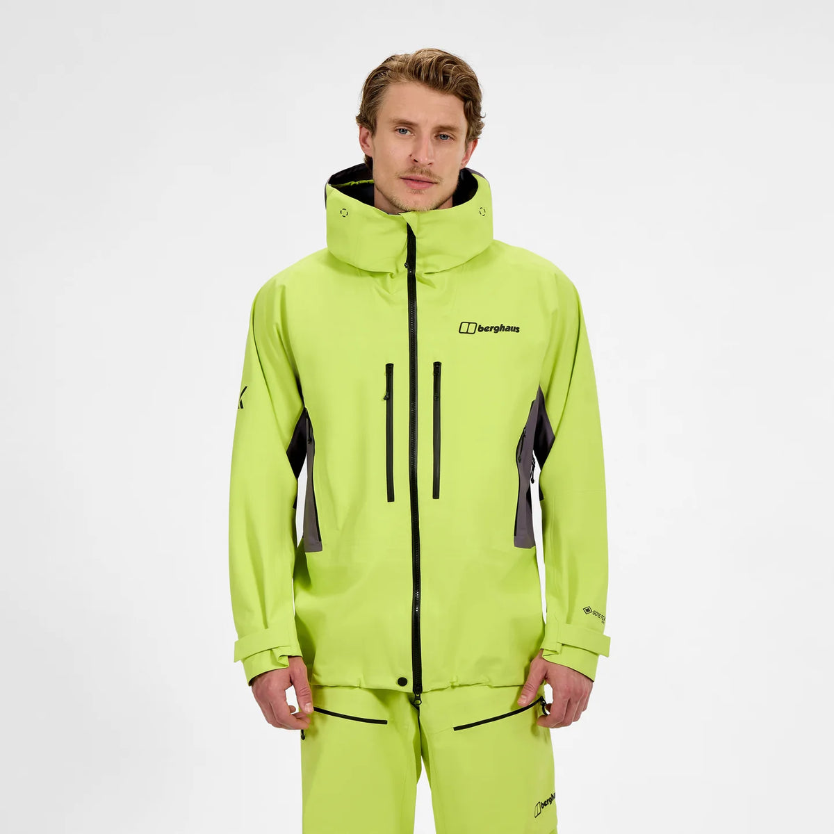 Men's neon yellow waterproof jacket front view, zip closure and chest logo