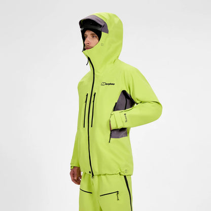 Men's neon yellow waterproof jacket side view with attached hood and zip pocket panels