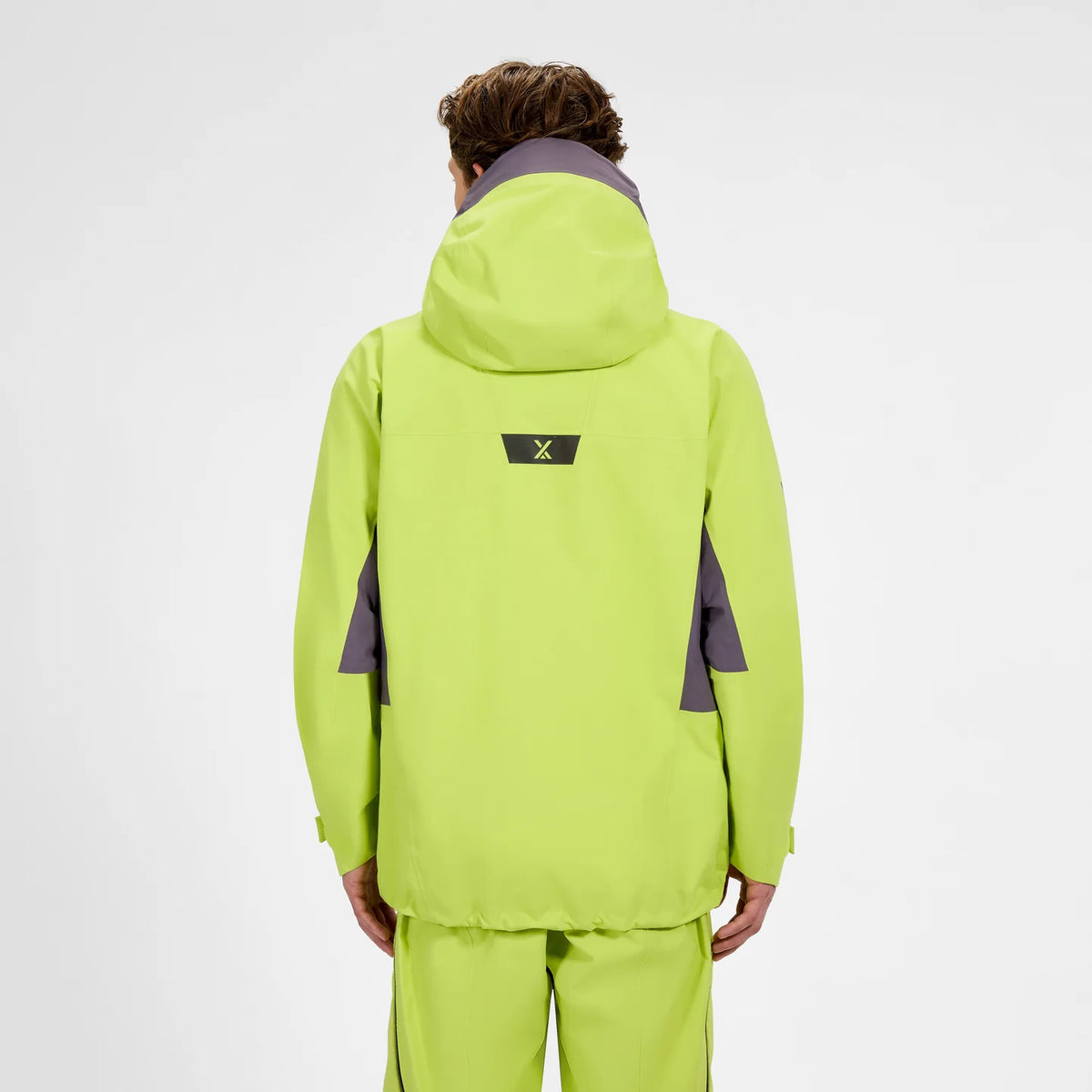 Men's neon yellow waterproof jacket back view with hood and vented panel details
