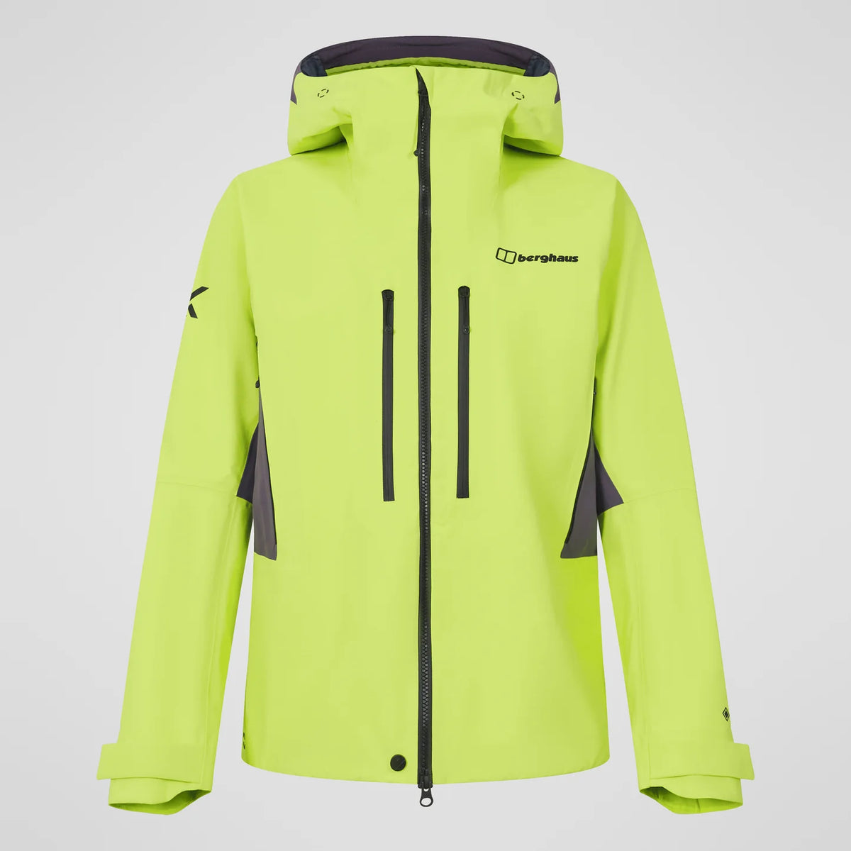 Men's neon yellow waterproof jacket back view, hood, central zip, and reflective trim