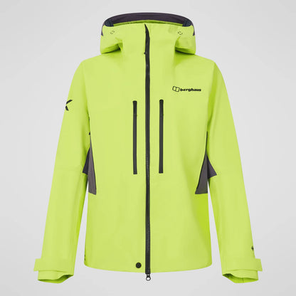 Men's neon yellow waterproof jacket back view, hood, central zip, and reflective trim