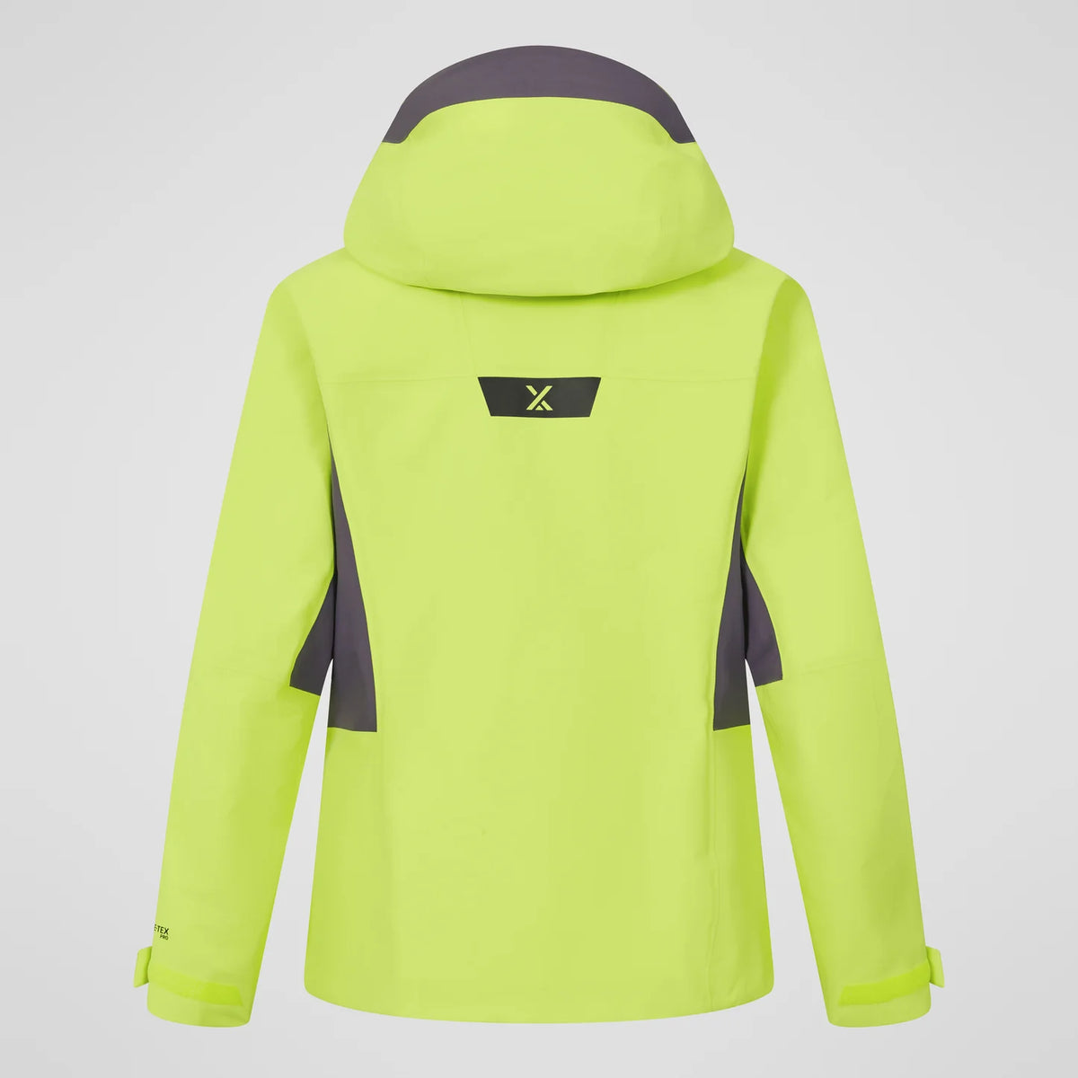 Men's neon yellow waterproof jacket back view, hood shape and dark shoulder accents