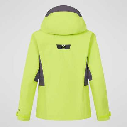 Men's neon yellow waterproof jacket back view, hood shape and dark shoulder accents