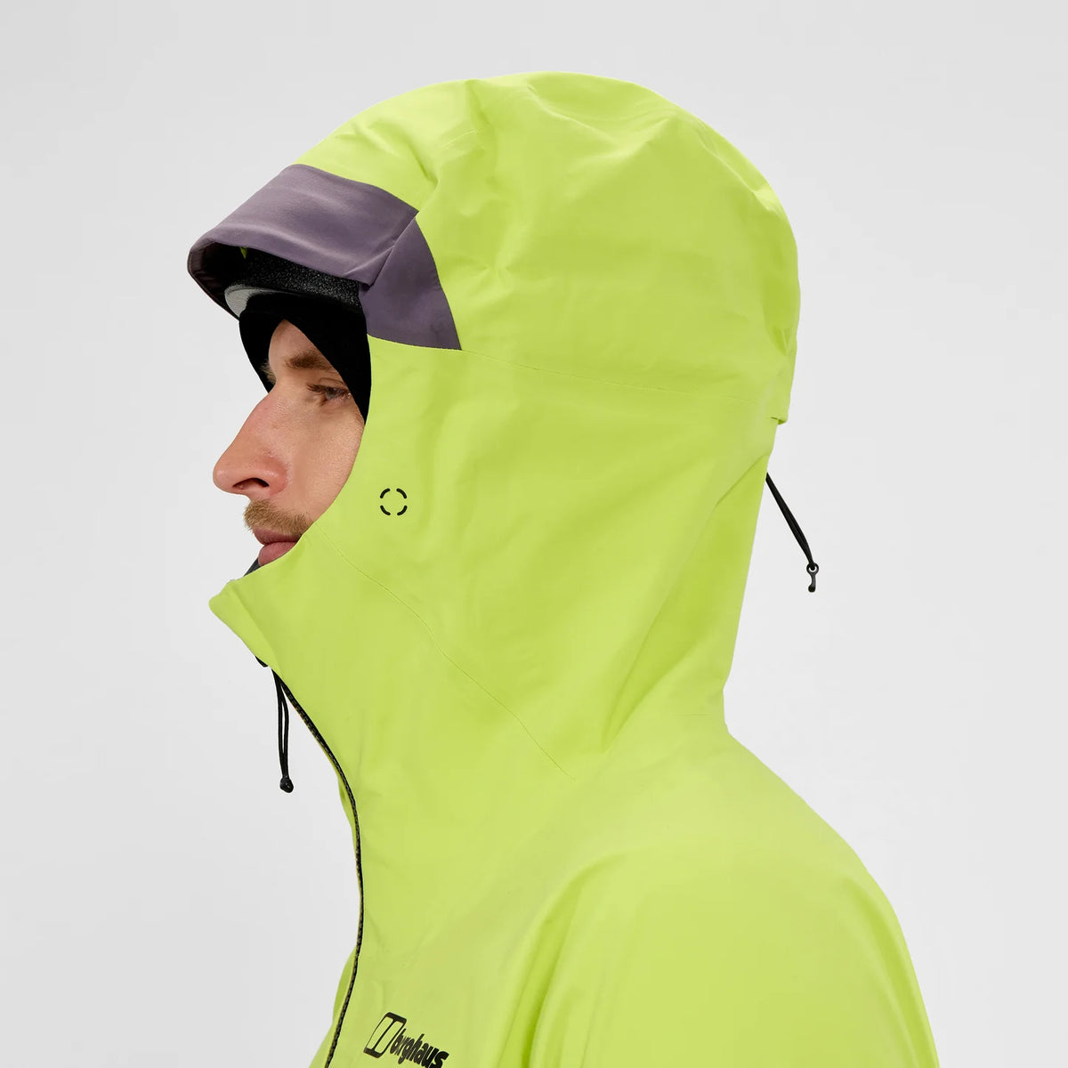 Men's neon yellow waterproof jacket hood and face cutout, dark trim and drawcords