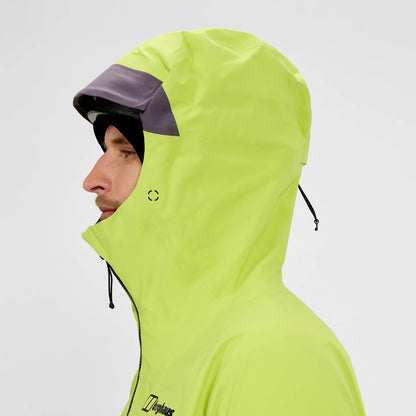 Men's neon yellow waterproof jacket hood and face cutout, dark trim and drawcords