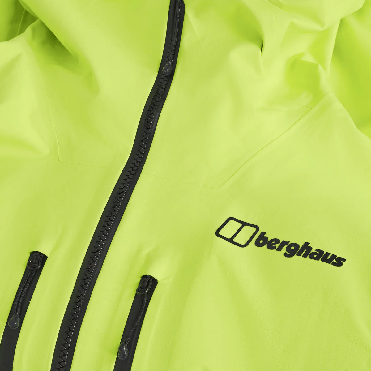 Men's neon yellow waterproof jacket, front logo and angled zip seam detail