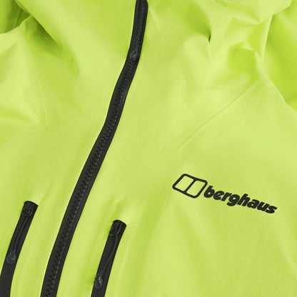Men's neon yellow waterproof jacket, front logo and angled zip seam detail