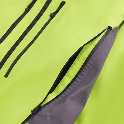 Men's neon yellow waterproof jacket, front zip area and storm flap with pull cords