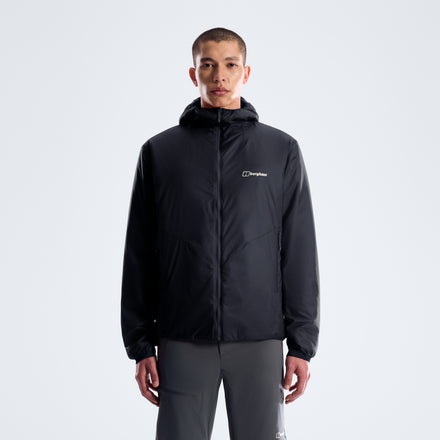 Men's black hooded reversible insulated jacket, full-zip worn front view
