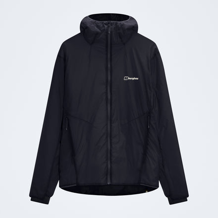 Black reversible insulated jacket, hooded full-zip with high collar