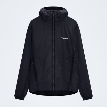 Black reversible insulated jacket, hooded full-zip with high collar