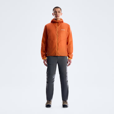 Men's orange insulated jacket with hood, full-zip, and small chest logo