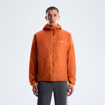 Men's orange insulated jacket front view with hood and center full-zip