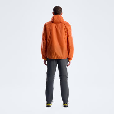 Men's orange insulated jacket back view with hood and center full-zip