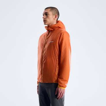 Men's orange insulated jacket, side view with hood and full-zip