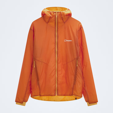 Men's orange insulated jacket front view, hood, full-zip, drawcord hem