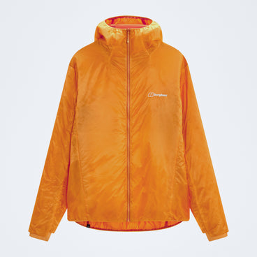 Men's orange insulated jacket front view with hood and standing collar