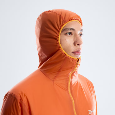 Orange insulated jacket with full hood and front zipper, worn by model