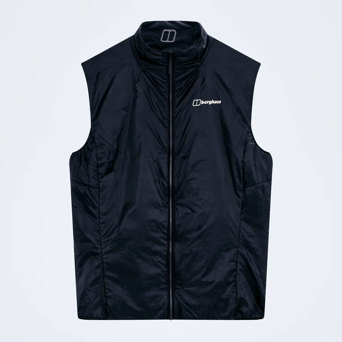Reversible insulated gilet with full-length front zip and stand collar, black.