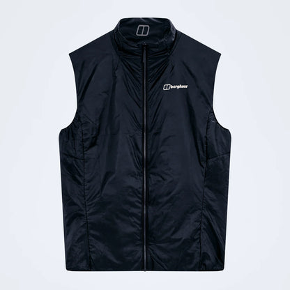 Reversible insulated gilet with full-length front zip and stand collar, black.