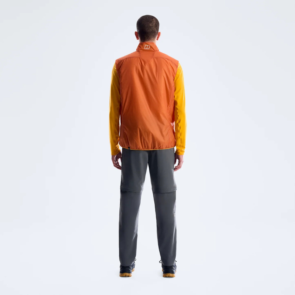 Back view of Hydroloft Elite insulated gilet, bright orange high collar and front zip