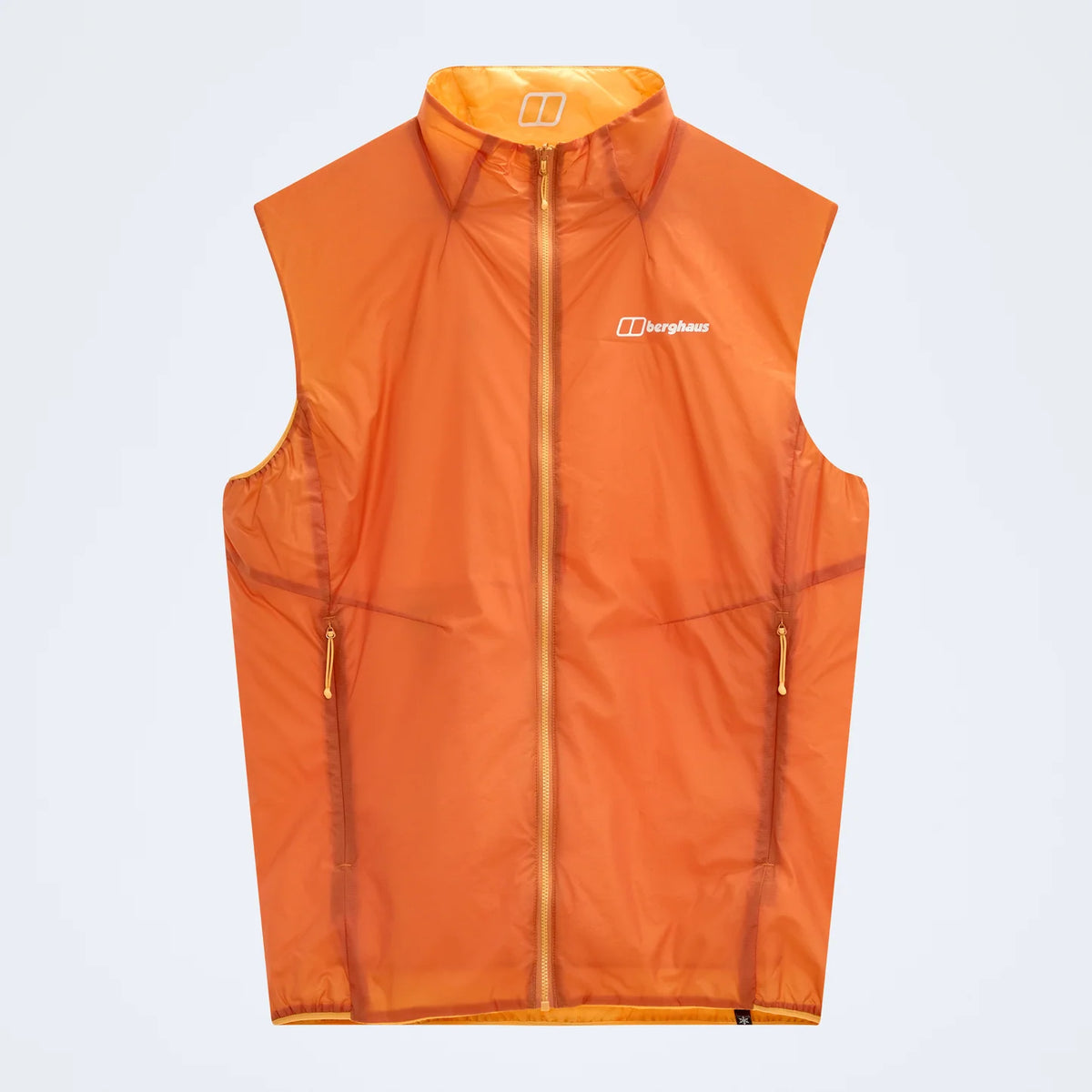 Orange insulated gilet front view with small chest logo, two side zip pockets