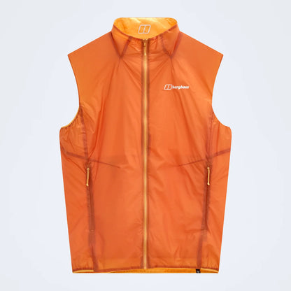 Orange insulated gilet front view with small chest logo, two side zip pockets