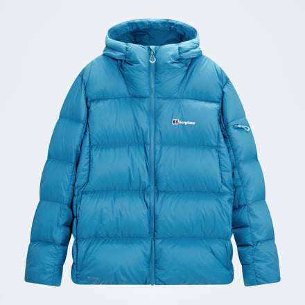 Blue hooded down jacket, raised hood collar and sleeve patch.