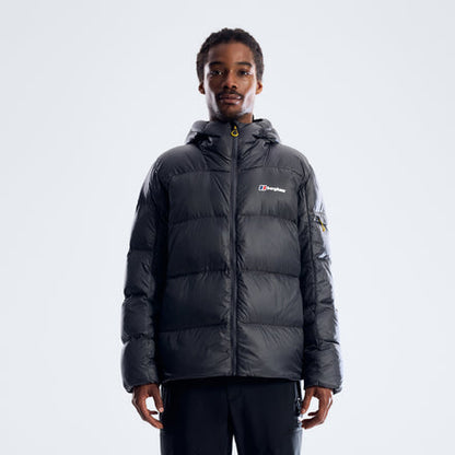 Men's hooded down jacket in dark grey, full-zip with yellow pull tab