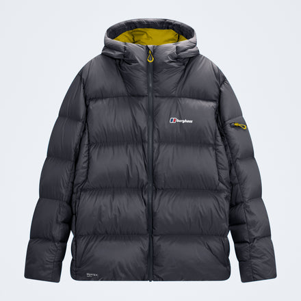Men's hooded down jacket, dark grey, full-zip with padded shoulders