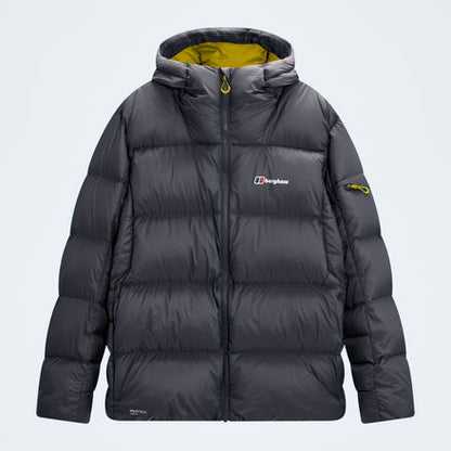 Men's hooded down jacket, dark grey, full-zip with padded shoulders