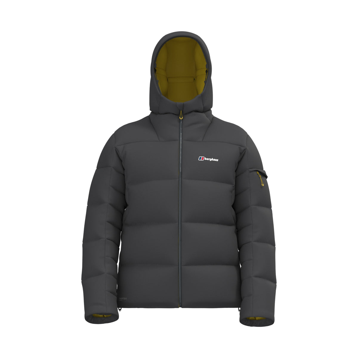 Men's hooded down jacket, dark grey, front view with full-zip and hood