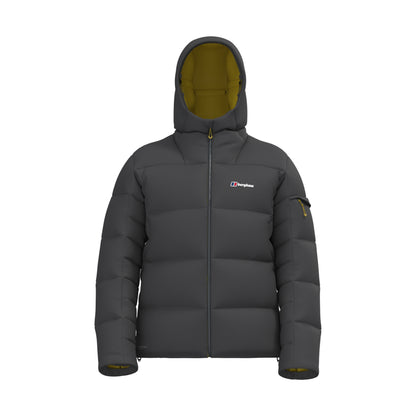 Men's hooded down jacket, dark grey, front view with full-zip and hood