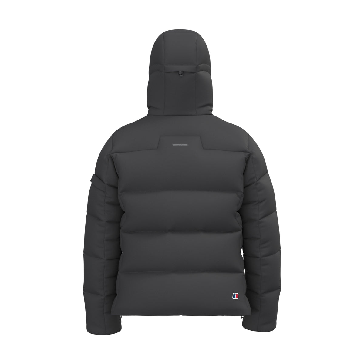 Men's hooded down jacket, dark grey, back view with full-zip and hood
