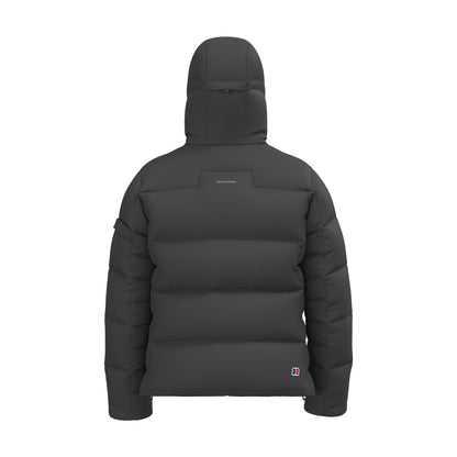 Men's hooded down jacket, dark grey, back view with full-zip and hood