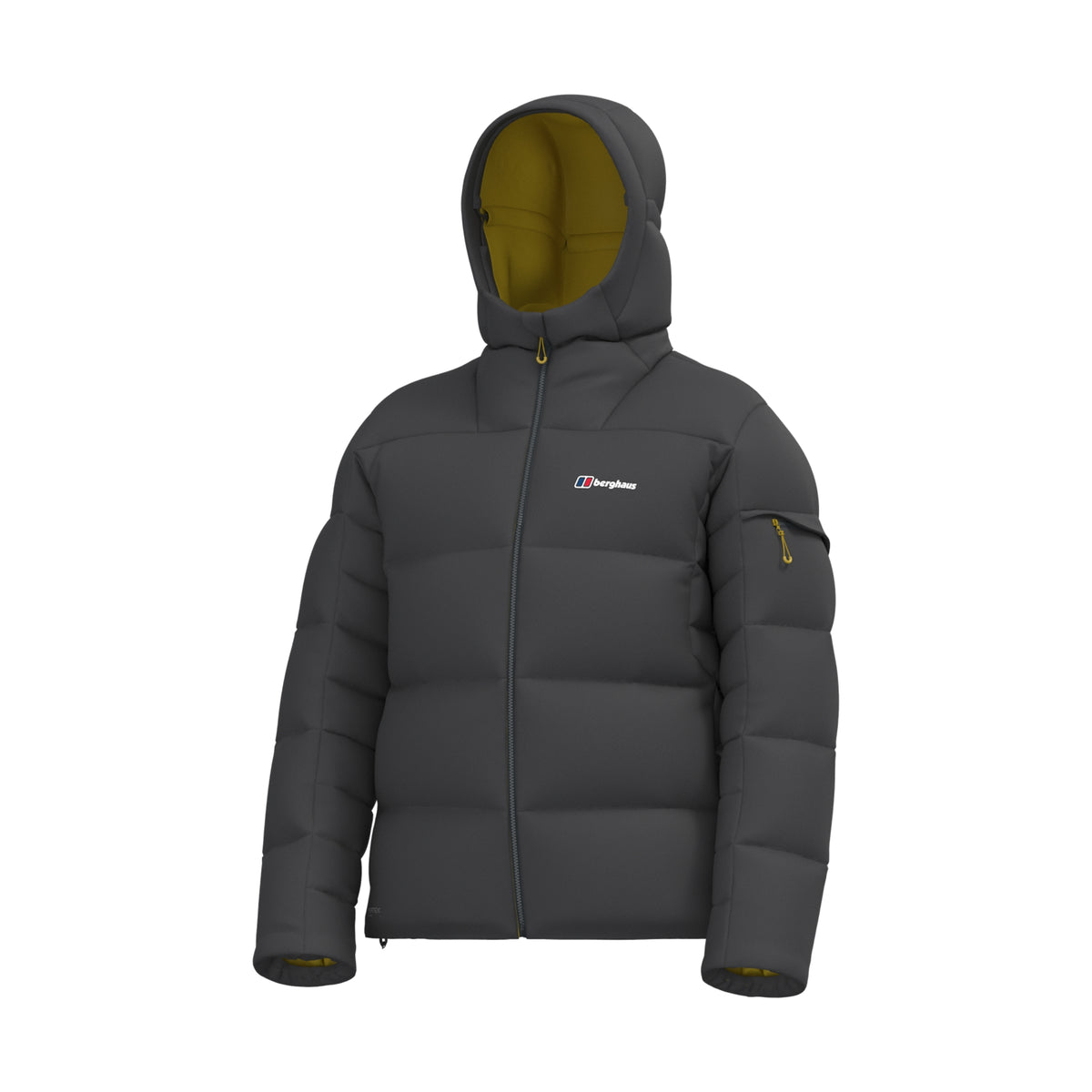 Men's hooded down jacket, dark grey, full-zip, chest logo, yellow accents