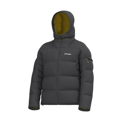 Men's hooded down jacket, dark grey, full-zip, chest logo, yellow accents