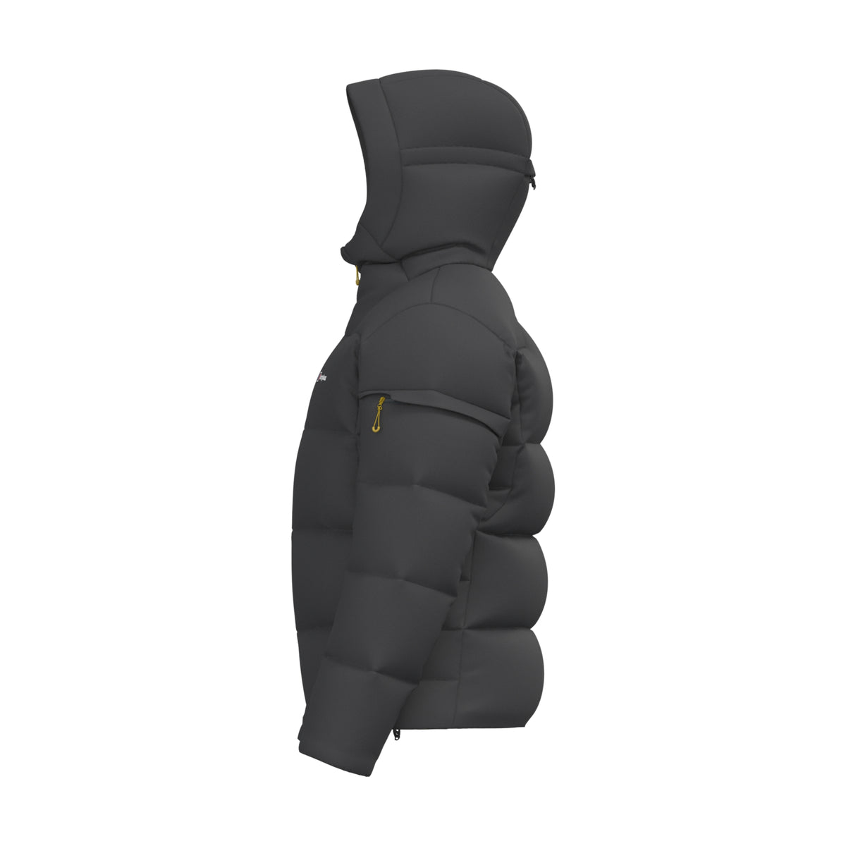 Men's hooded down jacket, dark grey, side profile with hood and padded sleeves