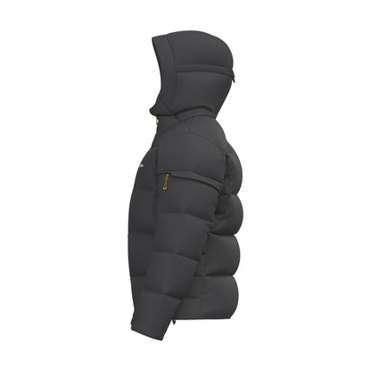 Men's hooded down jacket, dark grey, side profile with hood and padded sleeves