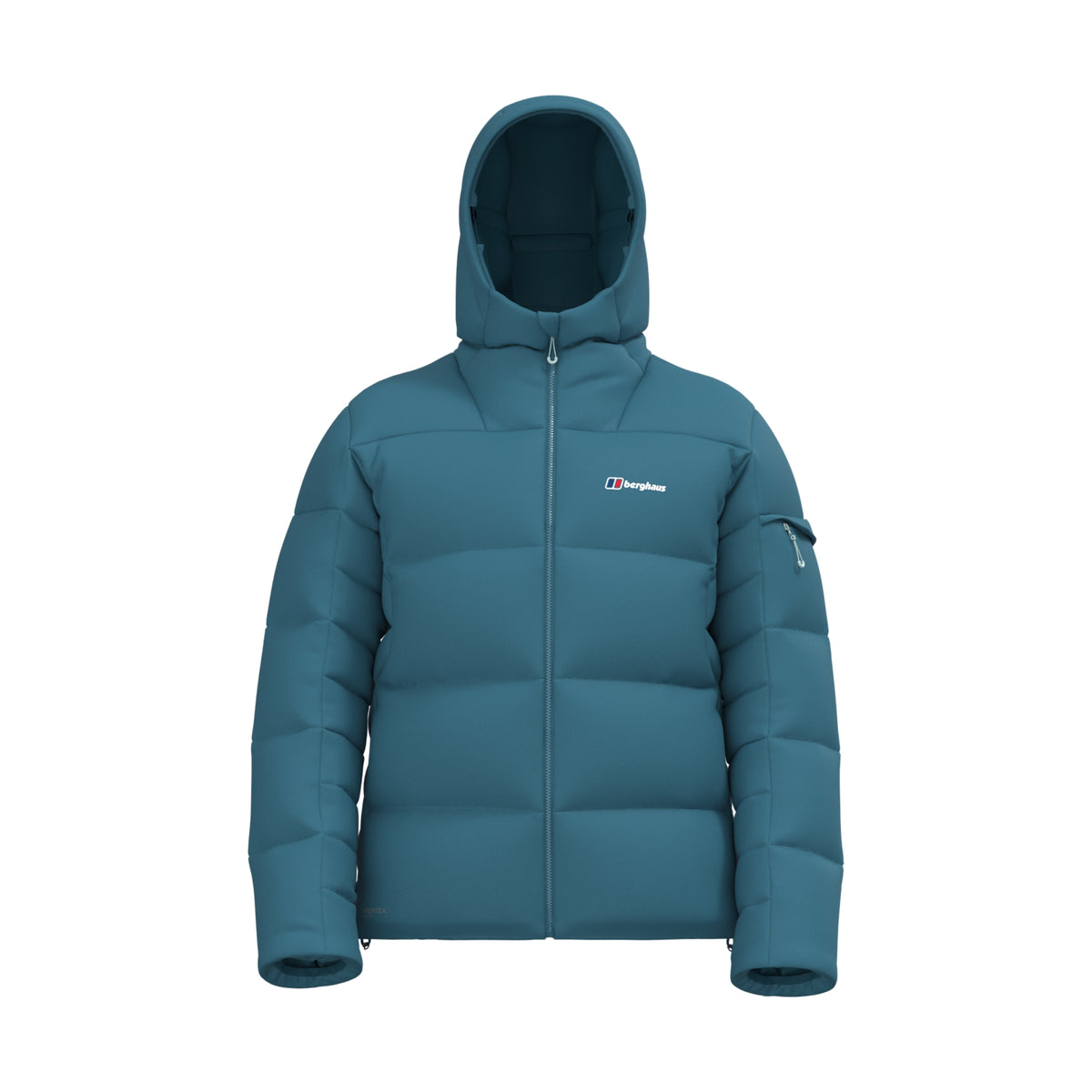 Blue hooded down jacket, front view with full zip and chest logo.