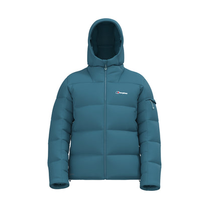 Blue hooded down jacket, front view with full zip and chest logo.