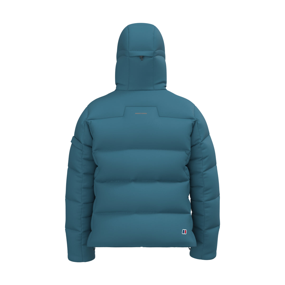 Blue hooded down jacket, back view with full-length quilting.