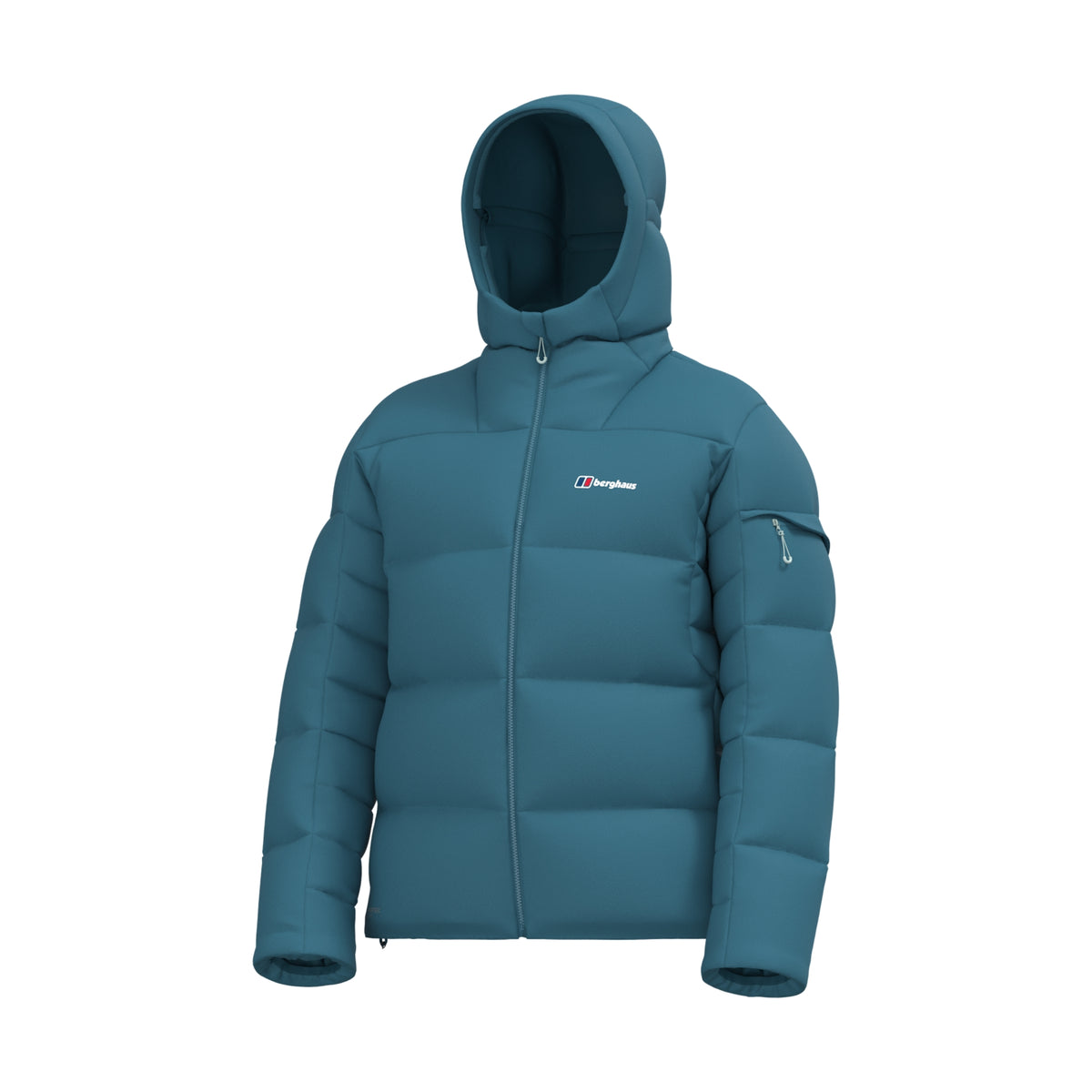 Blue hooded down jacket with front zip and side hand pockets.
