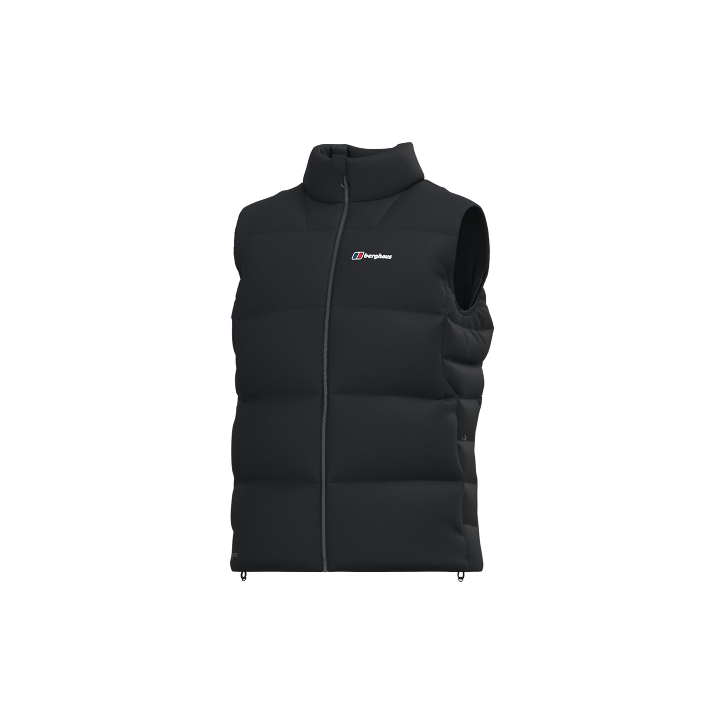 A black sleeveless puffer vest with a full front zipper, stand-up collar, and a small white and blue Berghaus logo on the left chest, shown against a plain white background.