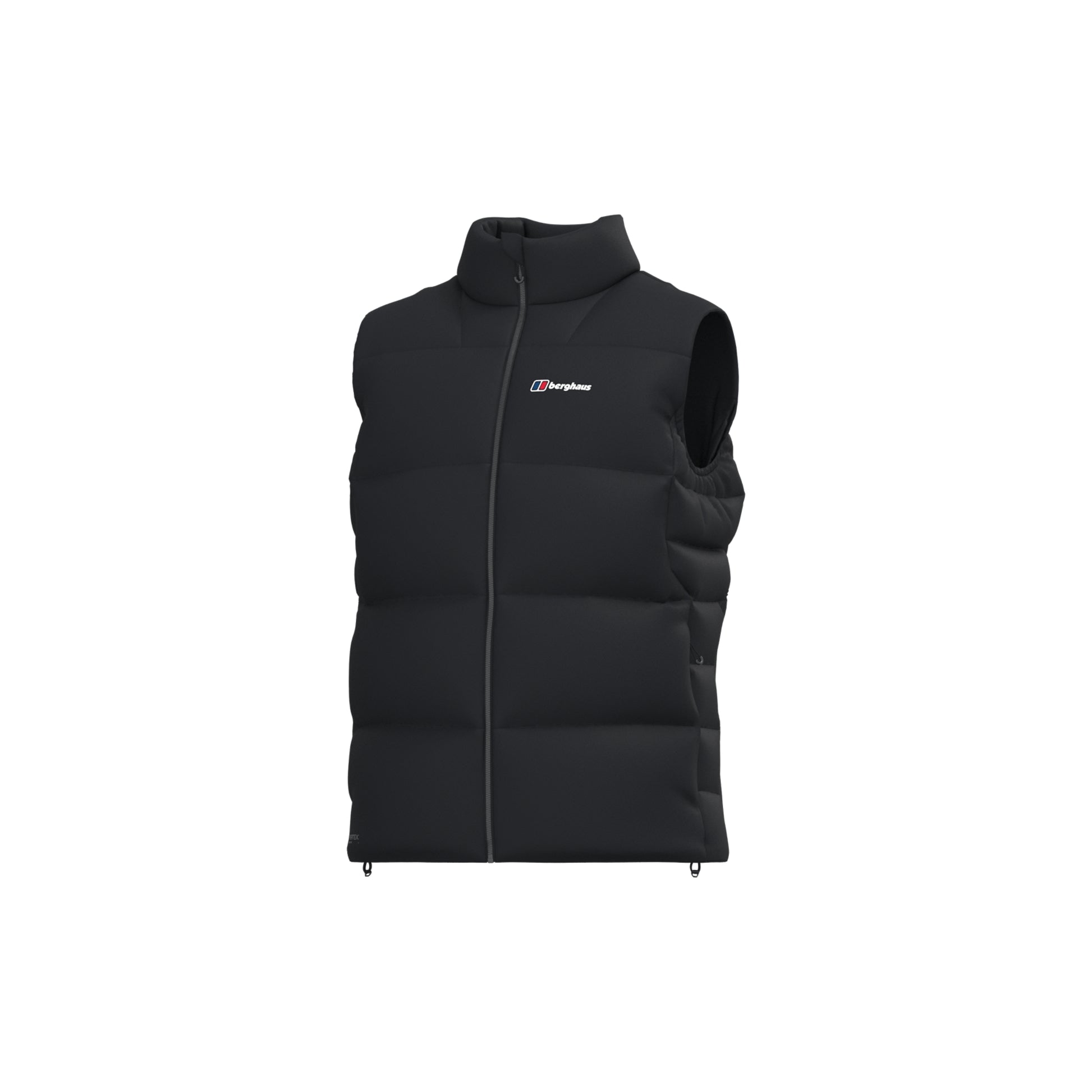 A black sleeveless puffer vest with a full front zipper, stand-up collar, and a small white and blue Berghaus logo on the left chest, shown against a plain white background.