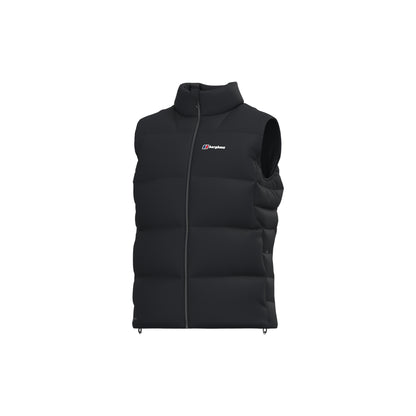 A black sleeveless puffer vest with a full front zipper, stand-up collar, and a small white and blue Berghaus logo on the left chest, shown against a plain white background.