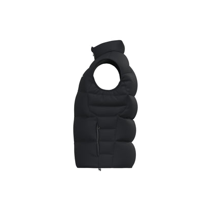 A black puffer vest with a high collar and a vertical zippered pocket on the front, shown from a side profile view against a plain white background.