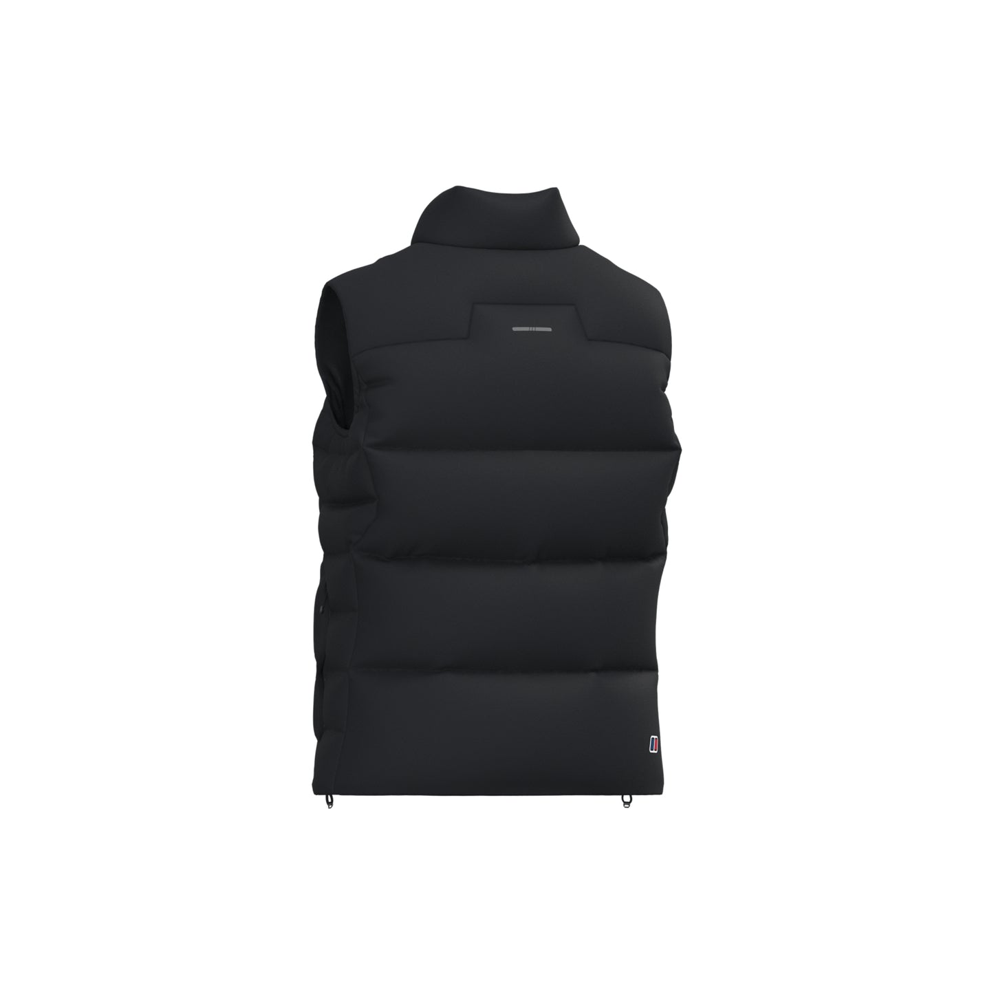 A black sleeveless puffer vest with a high mock neck collar, shown from the back on a solid white background.