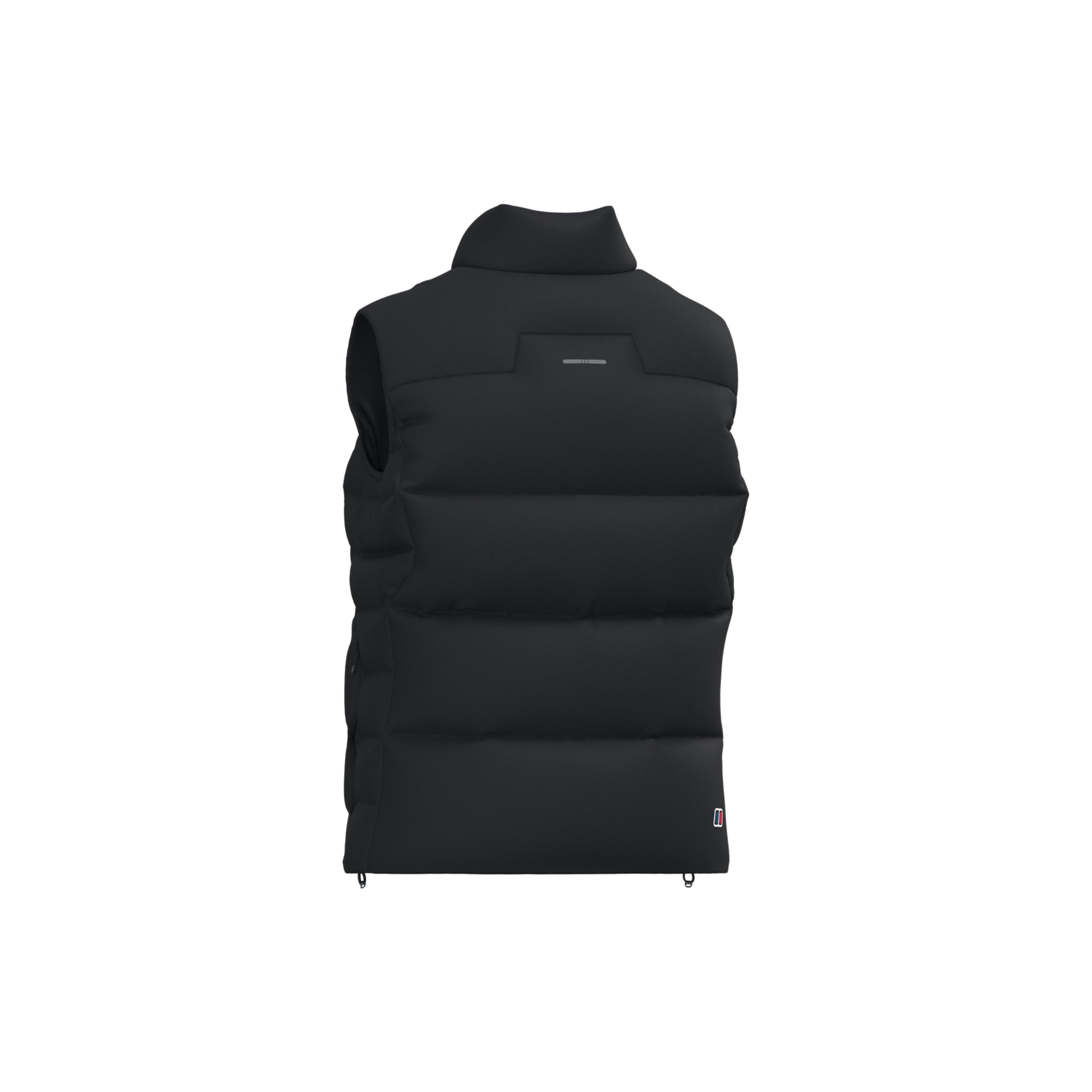 A black sleeveless puffer vest with a high mock neck collar, shown from the back on a solid white background.